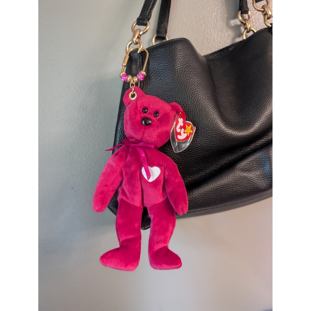 Ty Beanie Baby Valentina Bear Upcycled Purse Charm Keychain Fuchsia Pink 1998